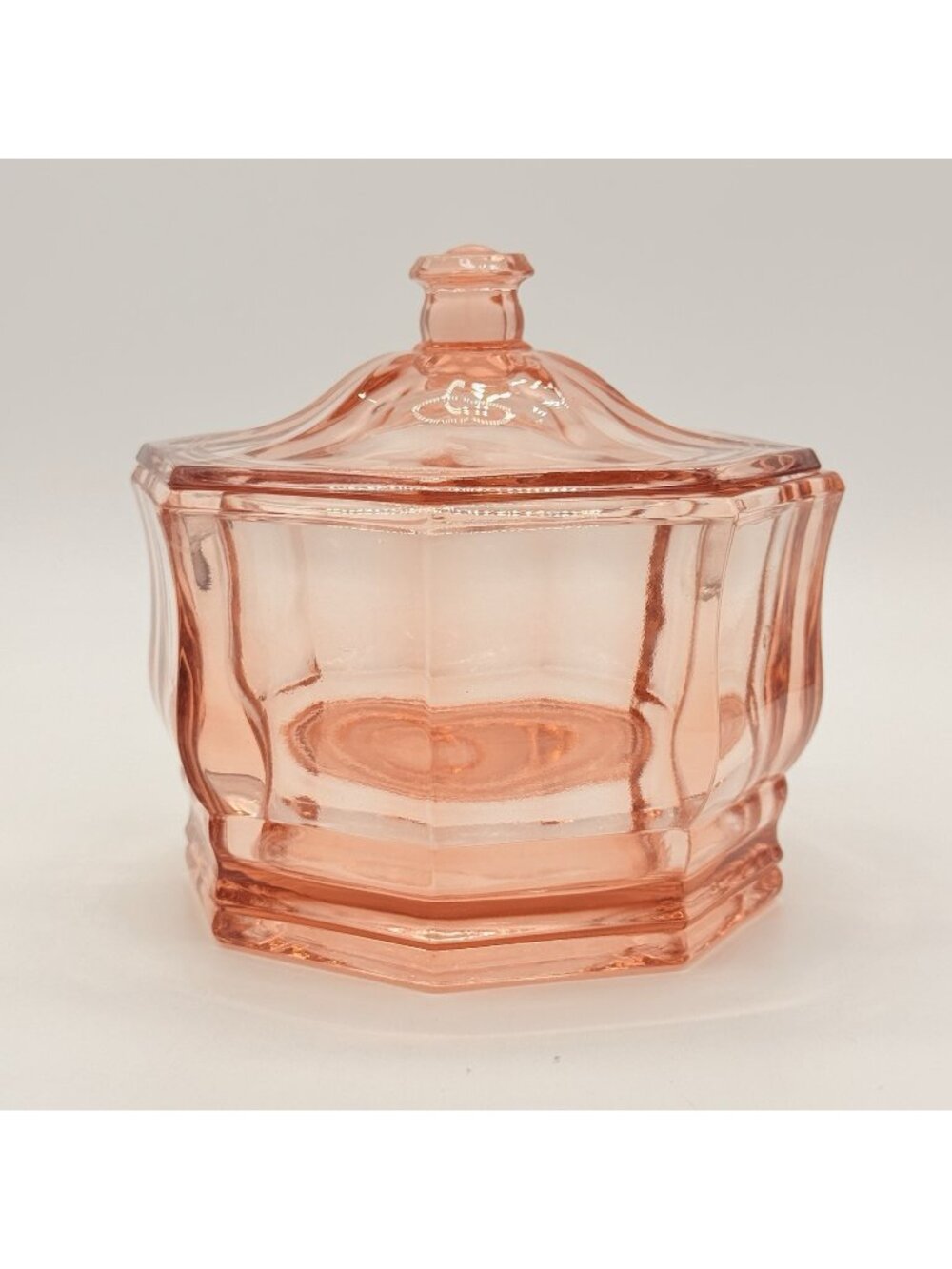 VTG Pink Indiana Glass Concord Octagon Candy Dish With Lid 5.5" Tall Decorative